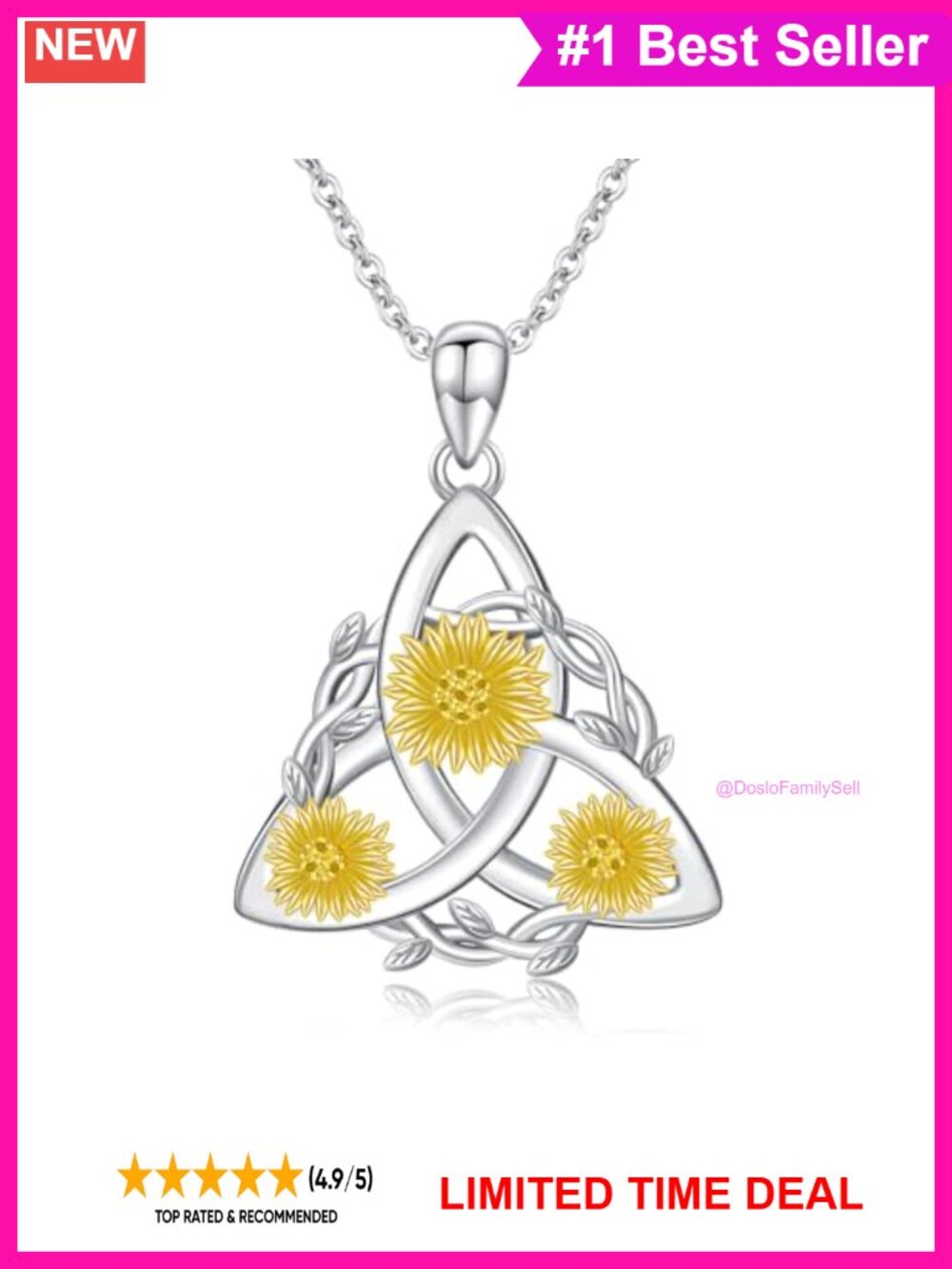 Sterling Silver Celtic Knot Necklace Sunflower Pendant Good Luck Irish Trinity
